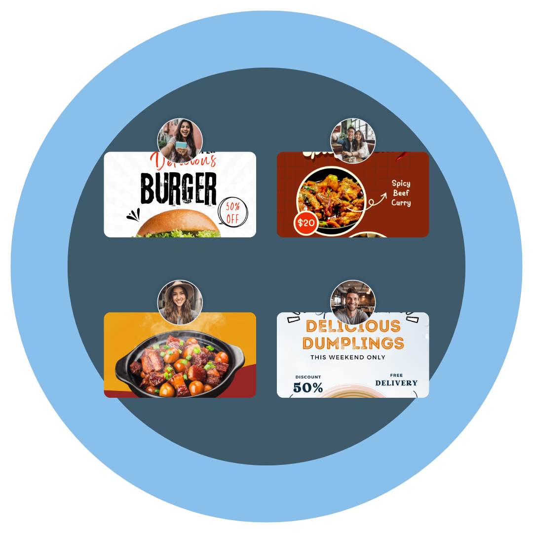 Circle containing multiple food recommendations
